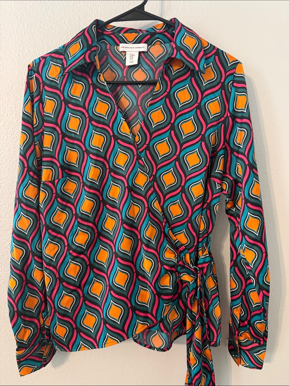 cupcakes & cashmere Teal, Pink & Mustard Geometric Wrap Blouse